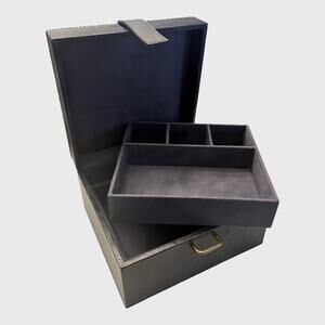 PB Black LEATHER JEWELRY BOX + TRAY Mens Ladies 8” Square Dresser Organizer